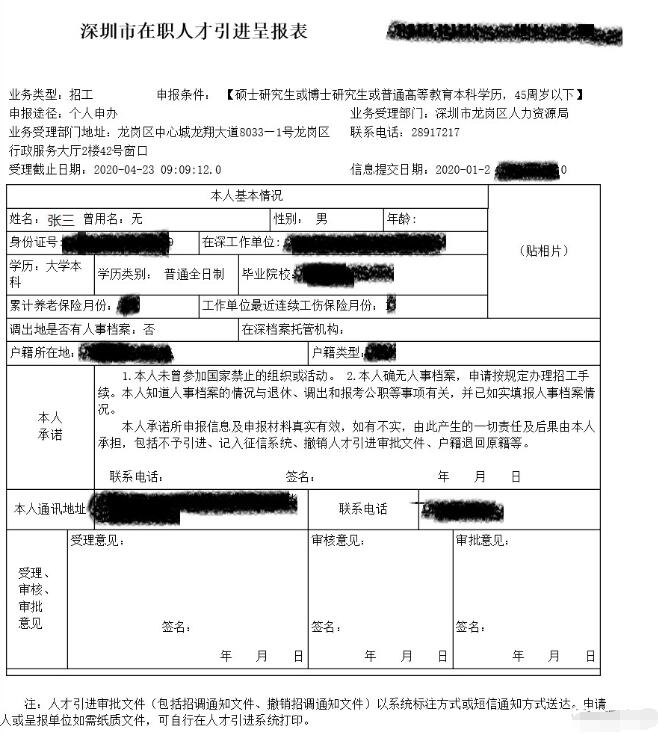 2020年全日制學(xué)歷大學(xué)生深圳市入戶人才引進(jìn)申報材料樣板