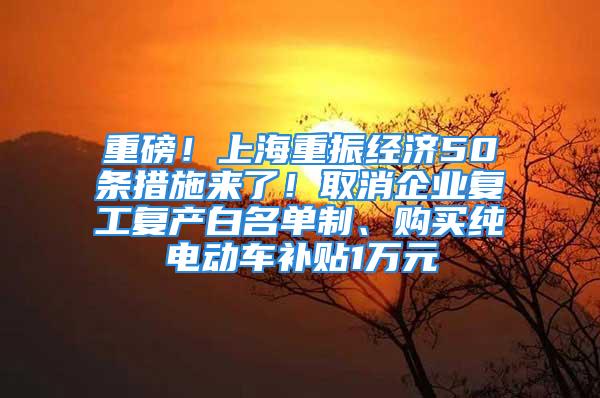 重磅！上海重振經(jīng)濟(jì)50條措施來了！取消企業(yè)復(fù)工復(fù)產(chǎn)白名單制、購買純電動(dòng)車補(bǔ)貼1萬元